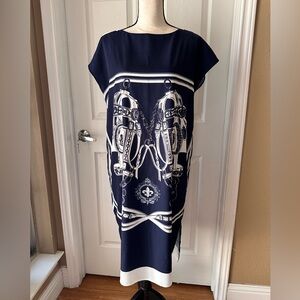 Chic Asymmetrical Navy Dress with Equestrian Design